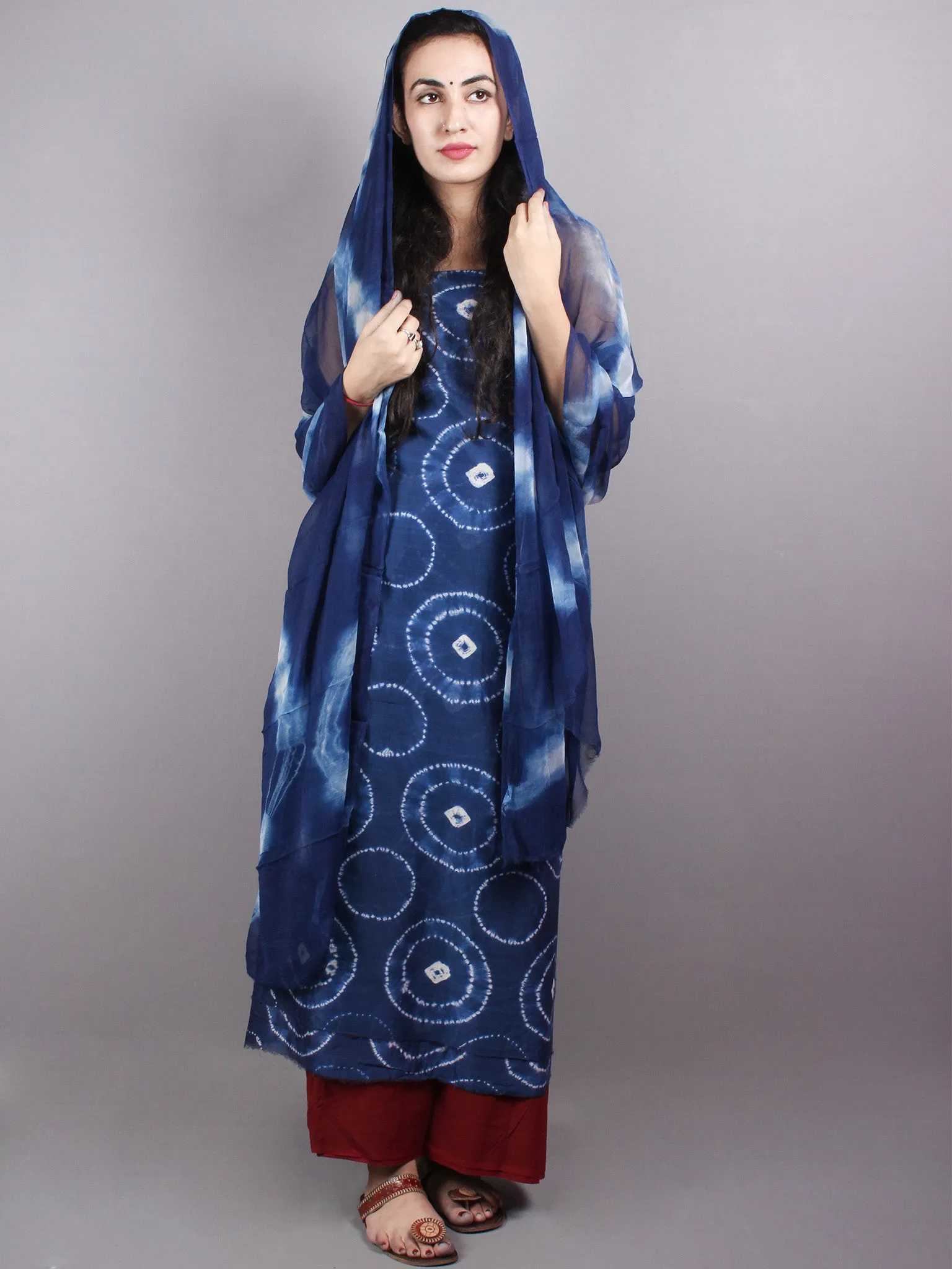 Indigo White Hand Block Printed Chanderi Unstitched Kurta & Shiffon Dupatta With Maroon Cotton Salwar - S1628015