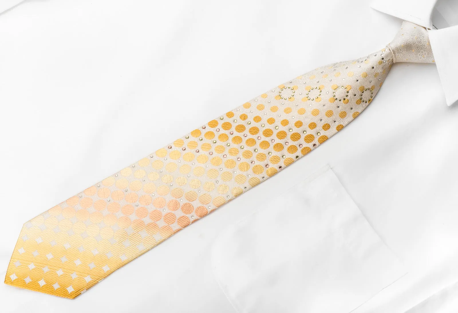 Klaus Raam Men's Crystal Rhinestone Silk Necktie Yellow Orange Dots On Peach With Silver Sparkles