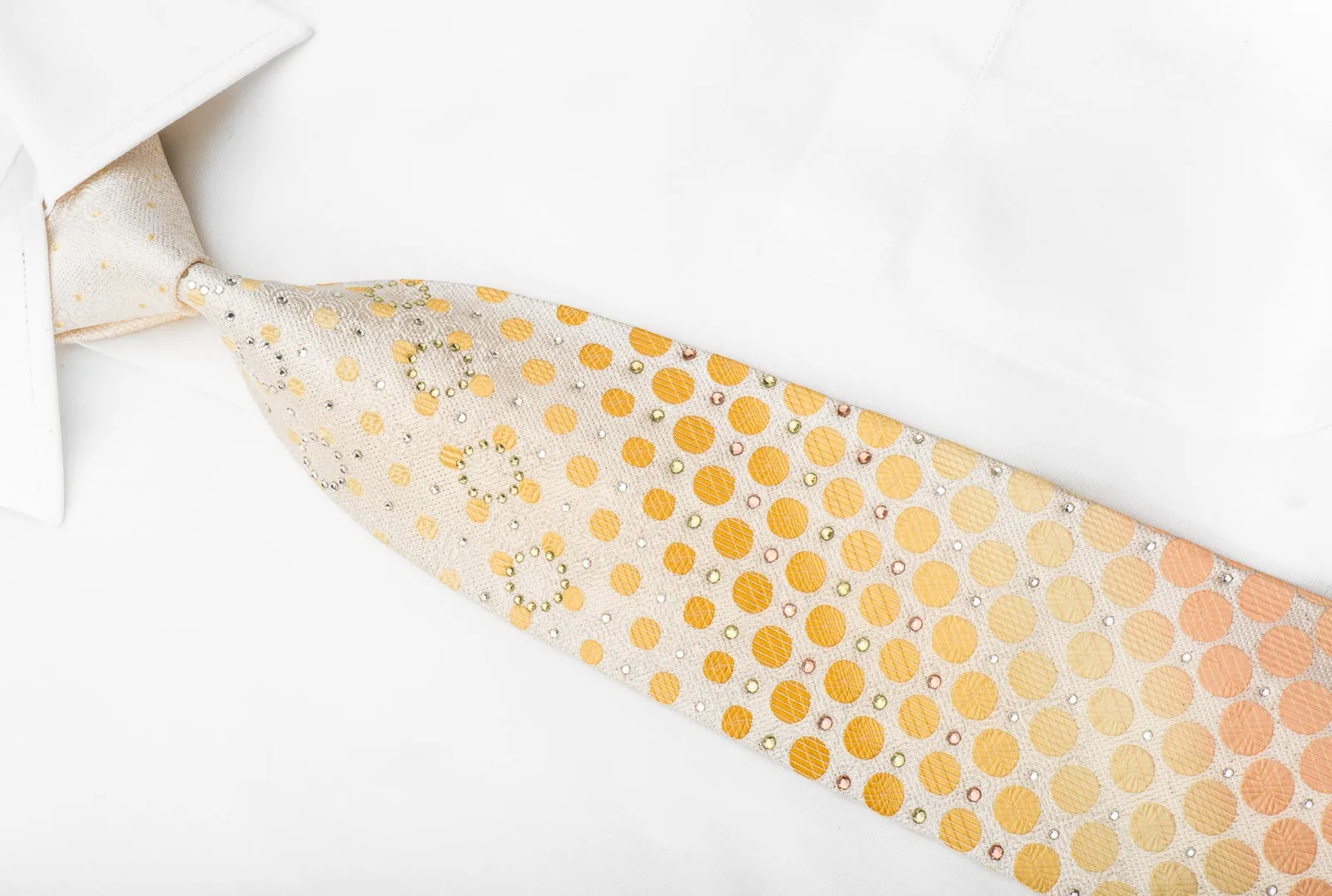 Klaus Raam Men's Crystal Rhinestone Silk Necktie Yellow Orange Dots On Peach With Silver Sparkles