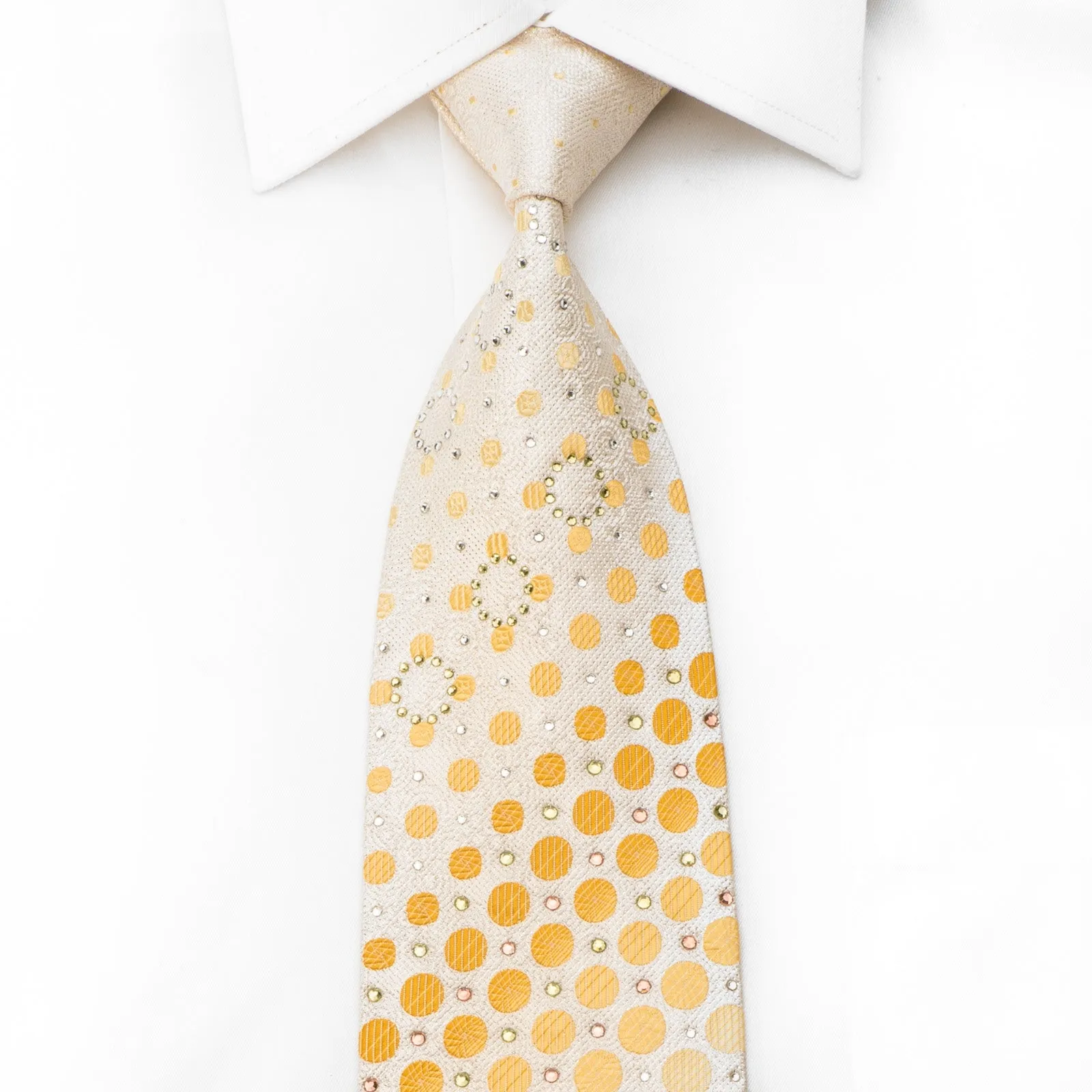 Klaus Raam Men's Crystal Rhinestone Silk Necktie Yellow Orange Dots On Peach With Silver Sparkles