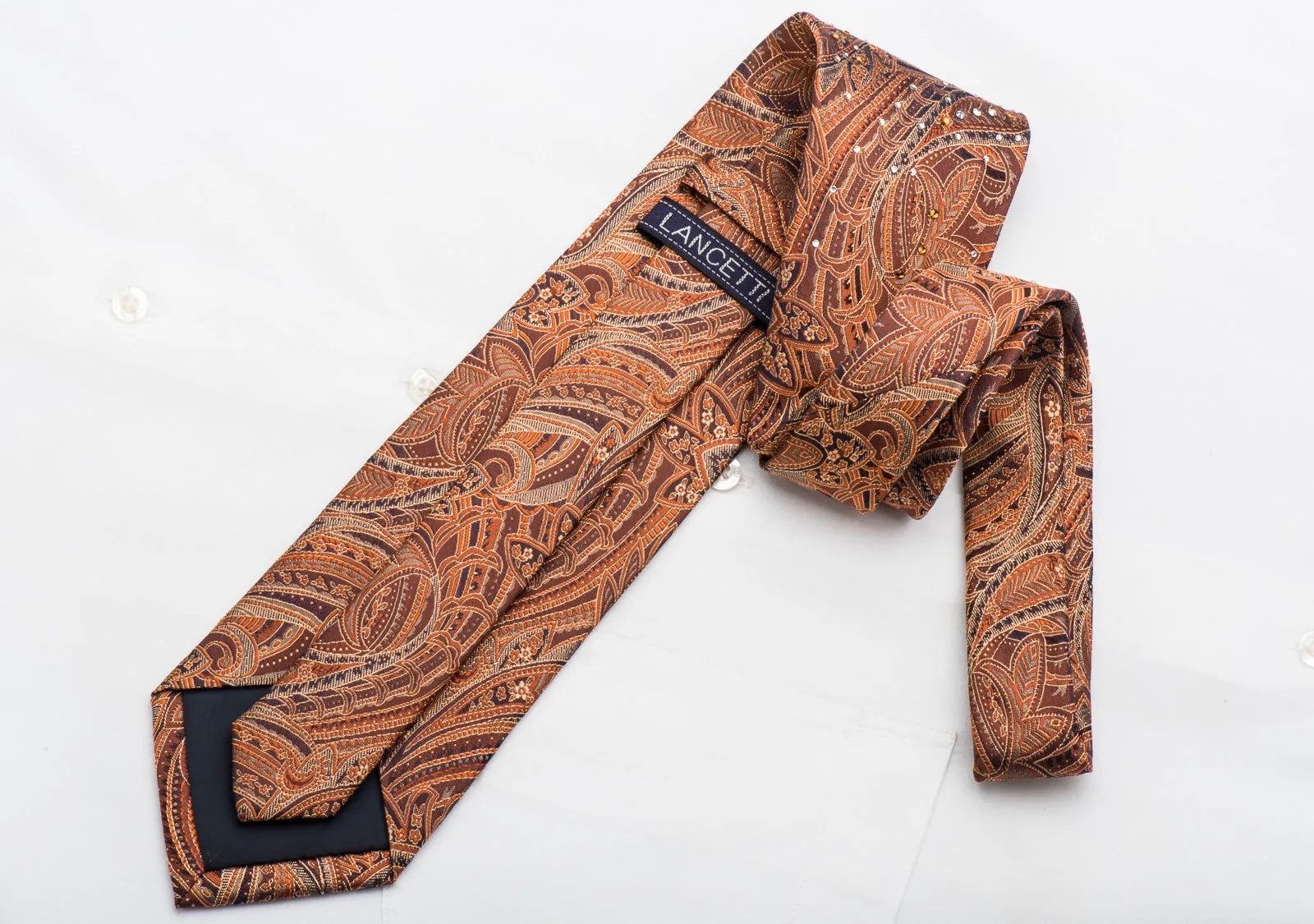 Lancetti Silk Tie Paisley In Orange Sparkling With Rhinestones