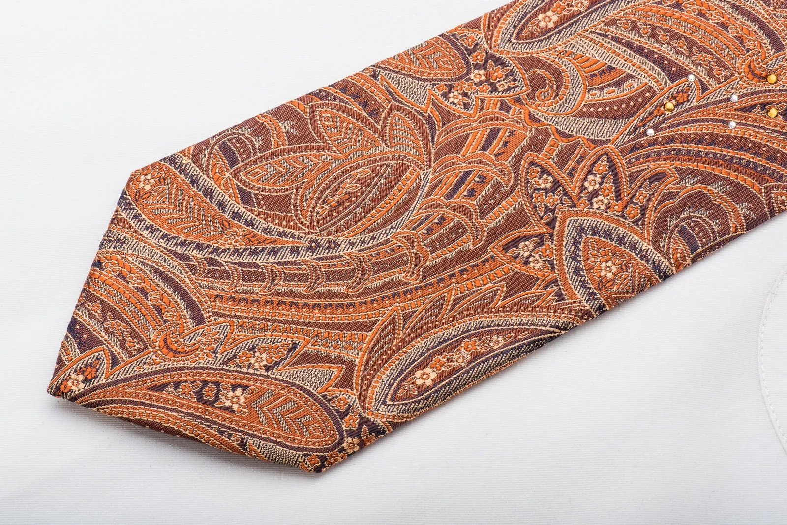 Lancetti Silk Tie Paisley In Orange Sparkling With Rhinestones