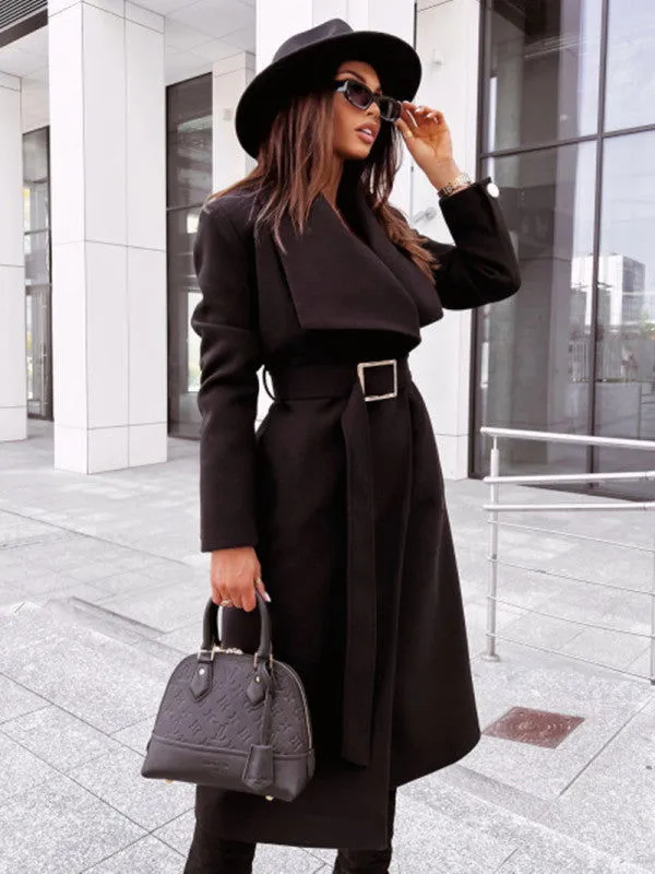 Long-sleeved Buttoned V-neck Strappy Woolen Trench Coats