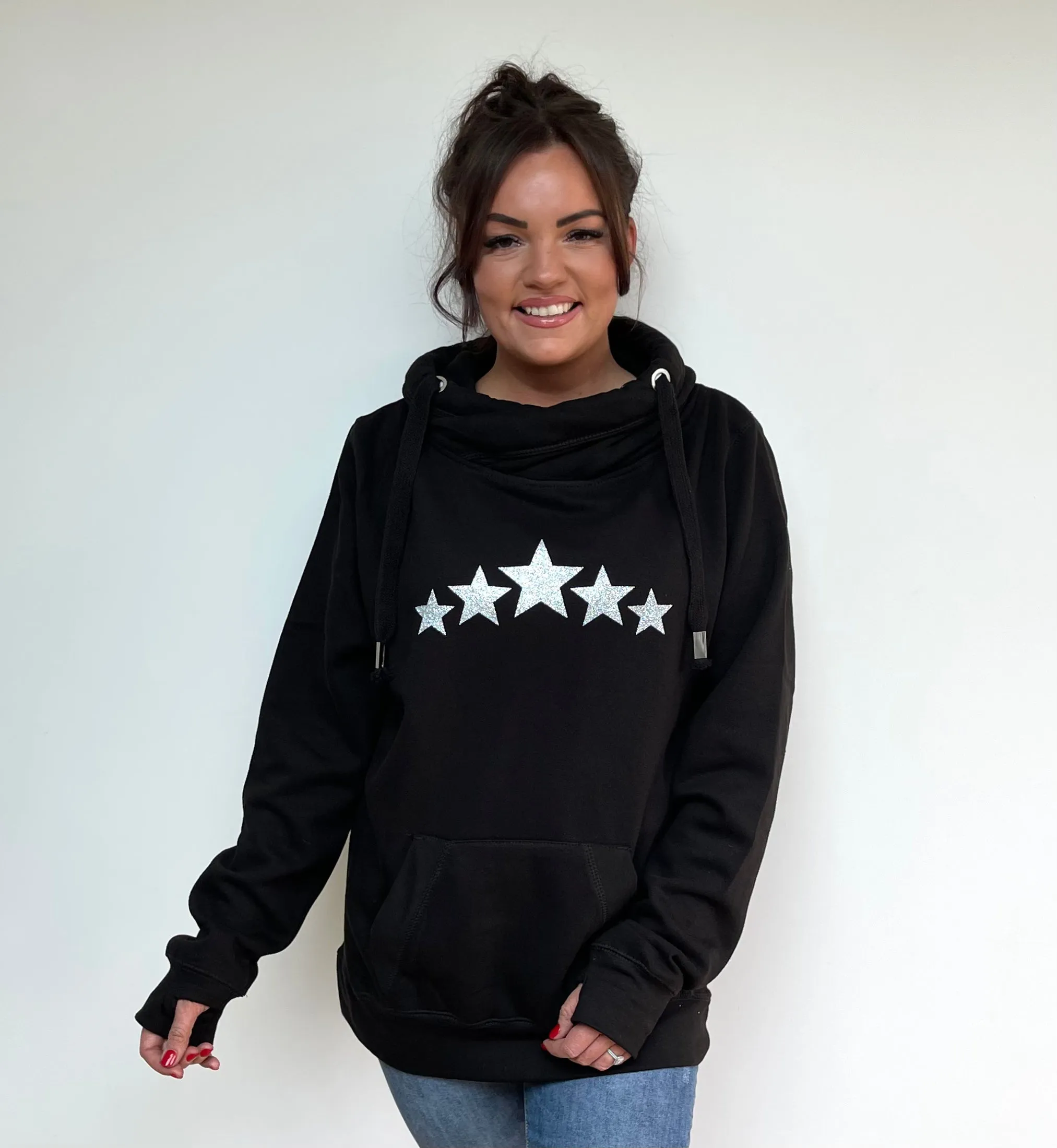 Luxury Cowl Neck Multi Glitter Star Hoodie - Black