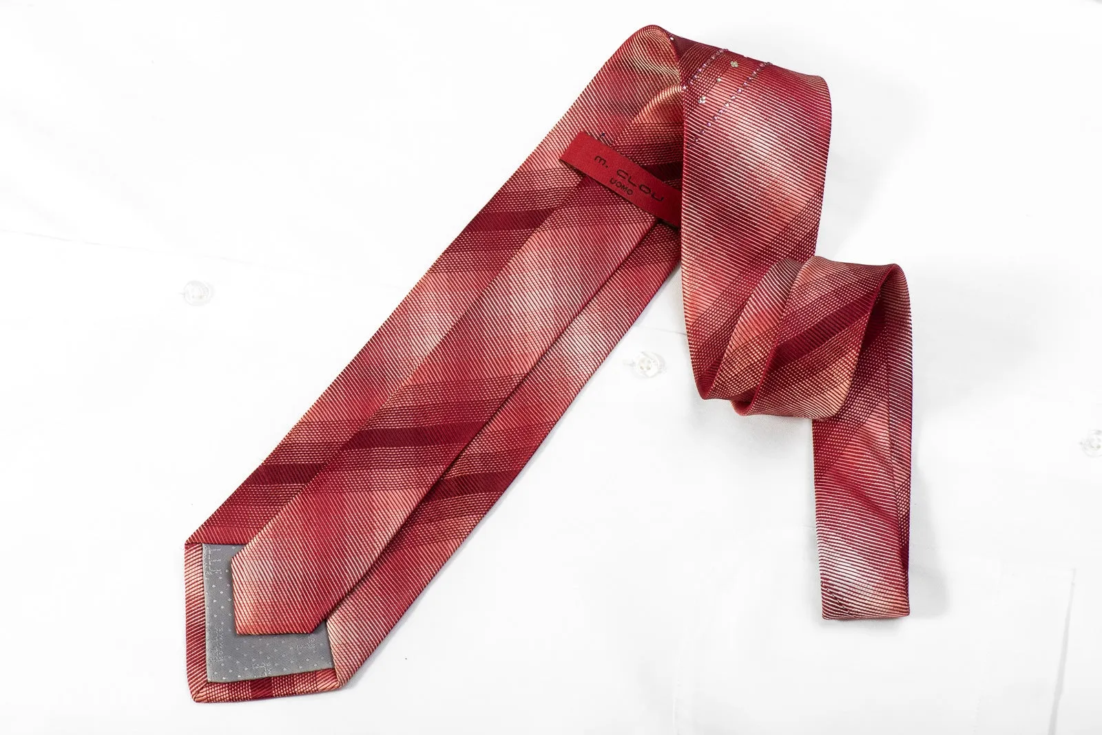 M. Clou Mens Crystal Silk Necktie Geometric On Burgundy Sparkling With Rhinestones