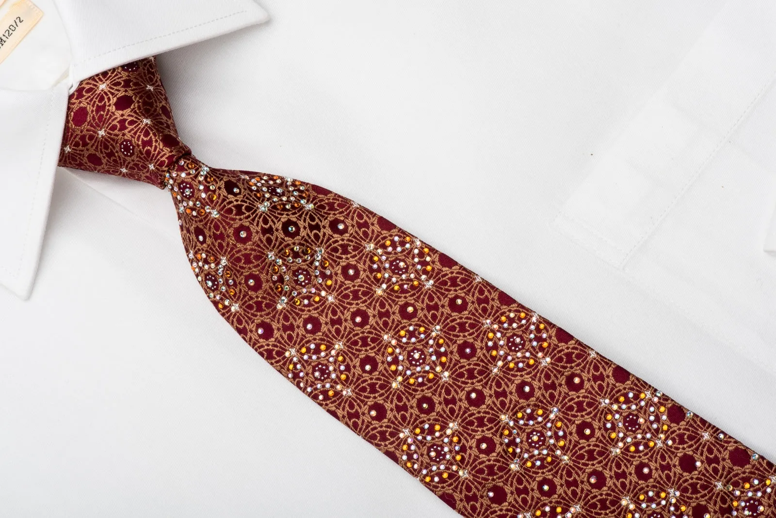 Manhatten Men's Rhinestone Silk Necktie Gold Arabesk On Burgundy Sparkling With Rhinestones