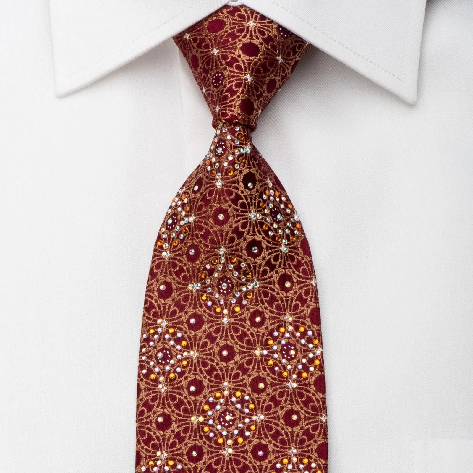 Manhatten Men's Rhinestone Silk Necktie Gold Arabesk On Burgundy Sparkling With Rhinestones