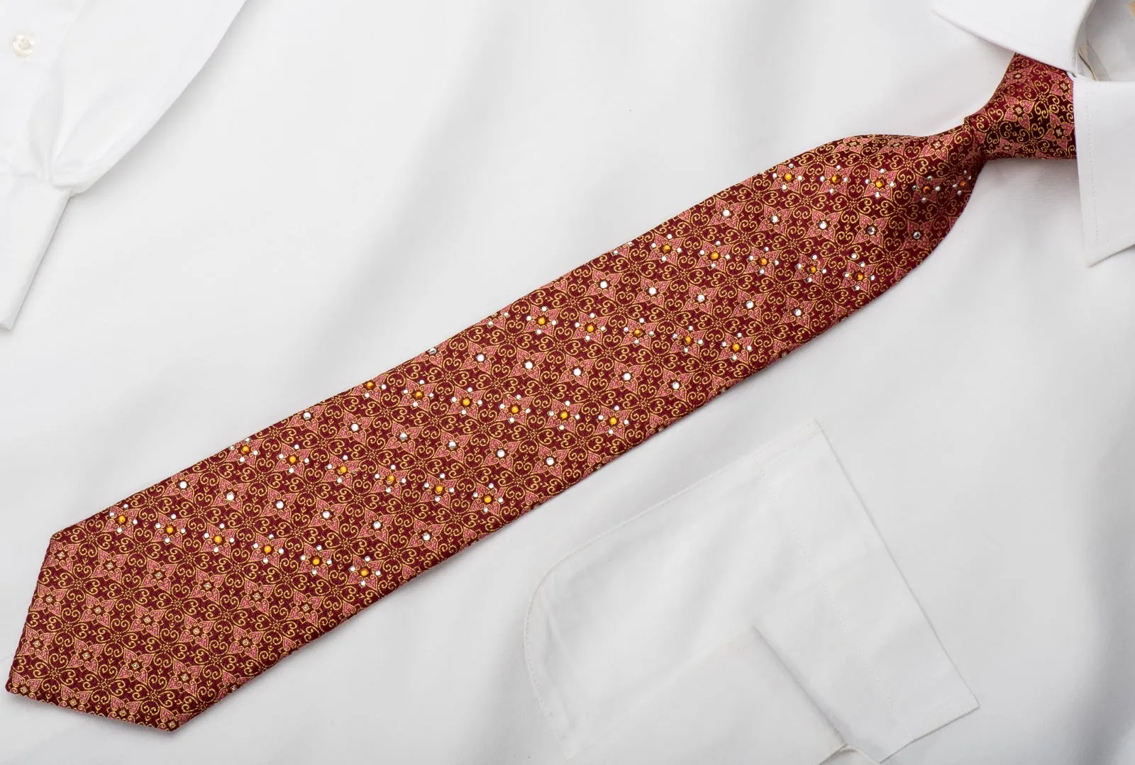 Manhatten Mens Rhinestone Silk Necktie Golden Cartouche On Burgundy With Gold Sparkles