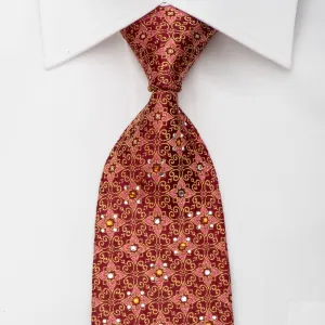 Manhatten Mens Rhinestone Silk Necktie Golden Cartouche On Burgundy With Gold Sparkles