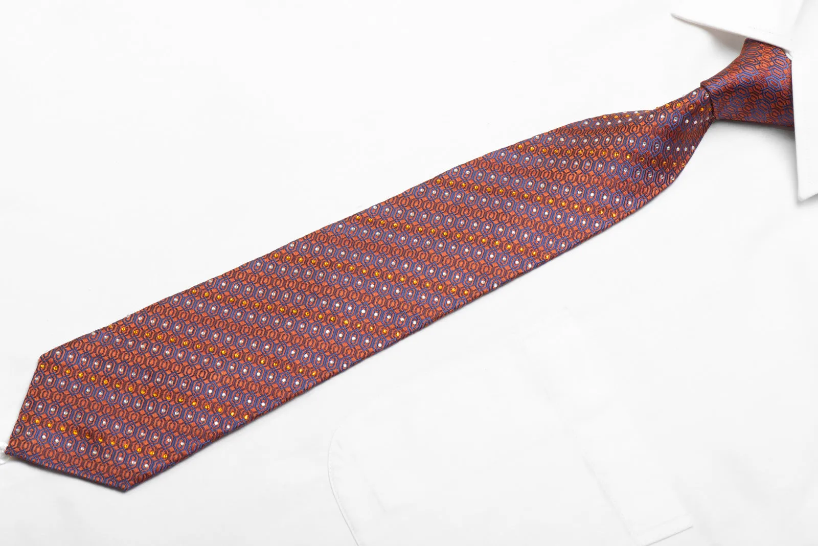 Men's Silk Necktie Mauve Geometric On Orange Sparkling With Rhinestones