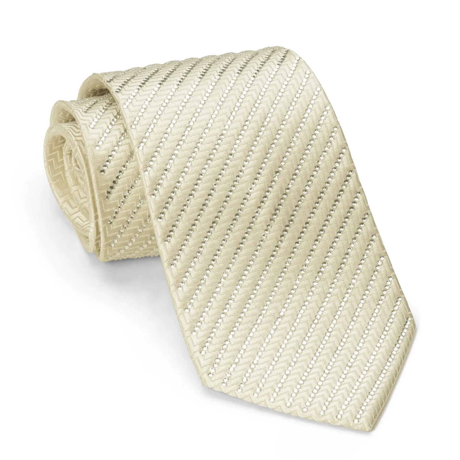 Men's Straas Diamante Silk Necktie Striped Sparkling Crystal Rhinestone On Ivory Cream