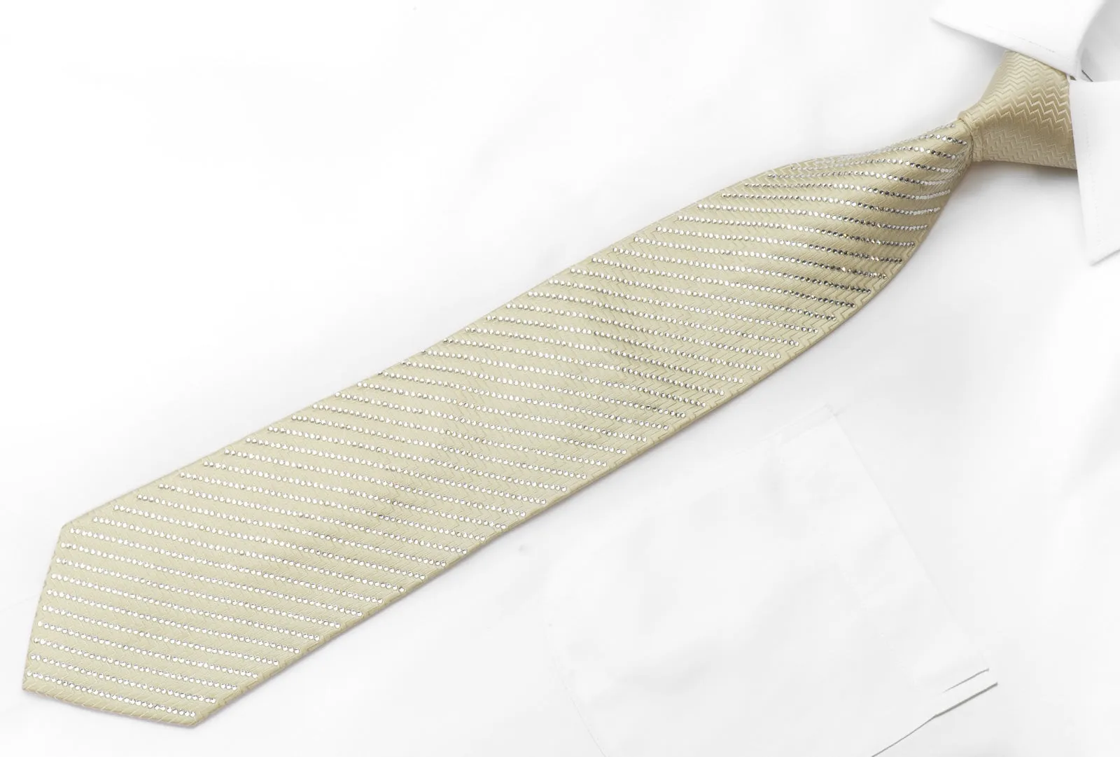 Men's Straas Diamante Silk Necktie Striped Sparkling Crystal Rhinestone On Ivory Cream