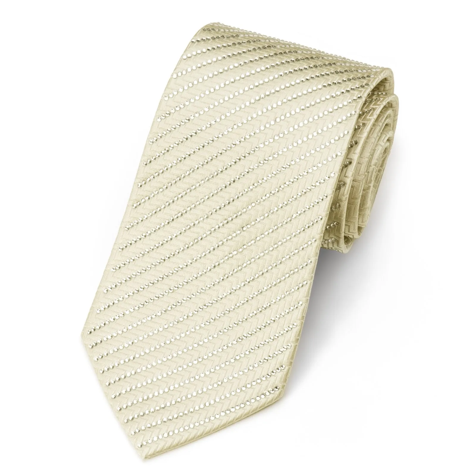 Men's Straas Diamante Silk Necktie Striped Sparkling Crystal Rhinestone On Ivory Cream