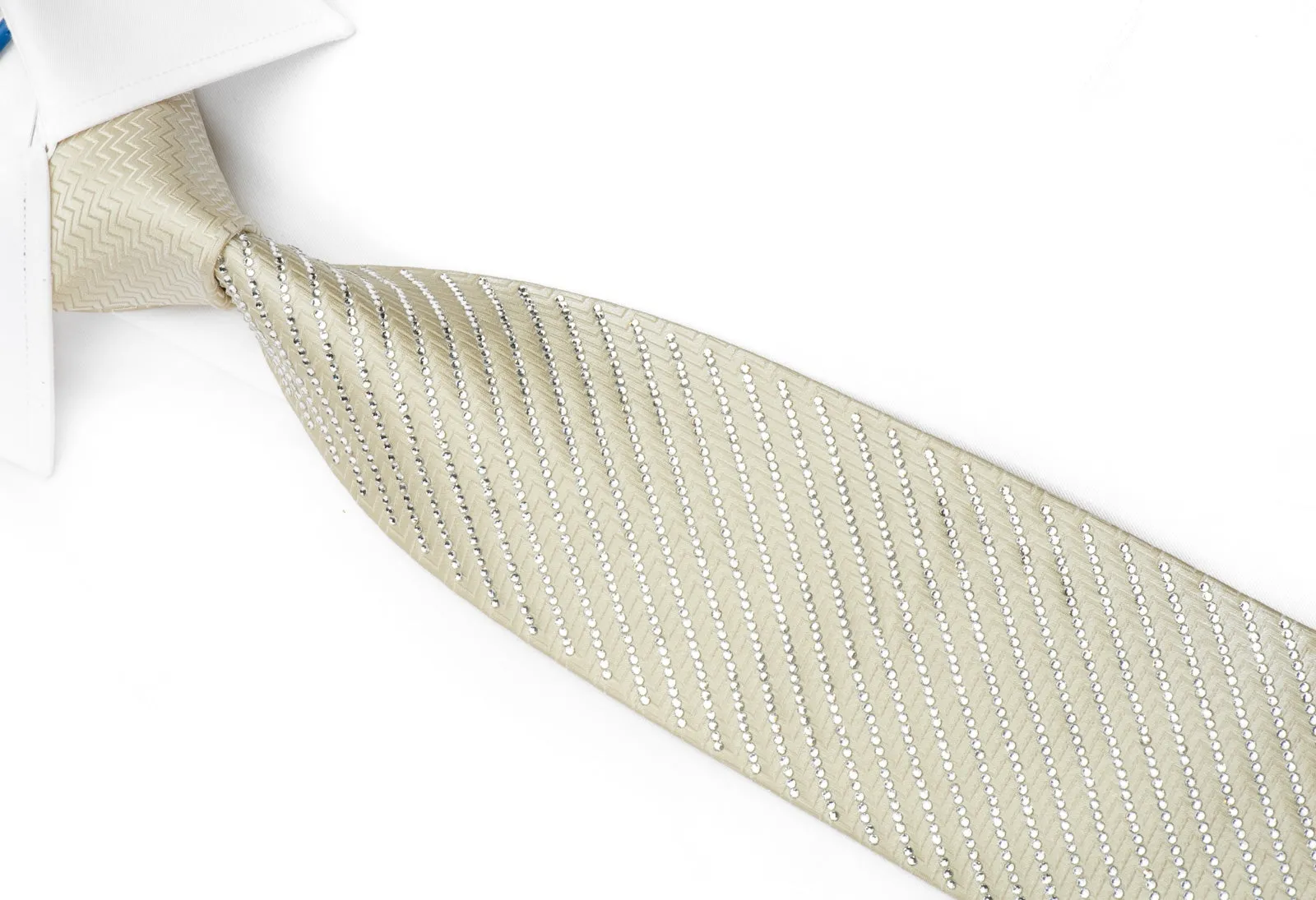 Men's Straas Diamante Silk Necktie Striped Sparkling Crystal Rhinestone On Ivory Cream