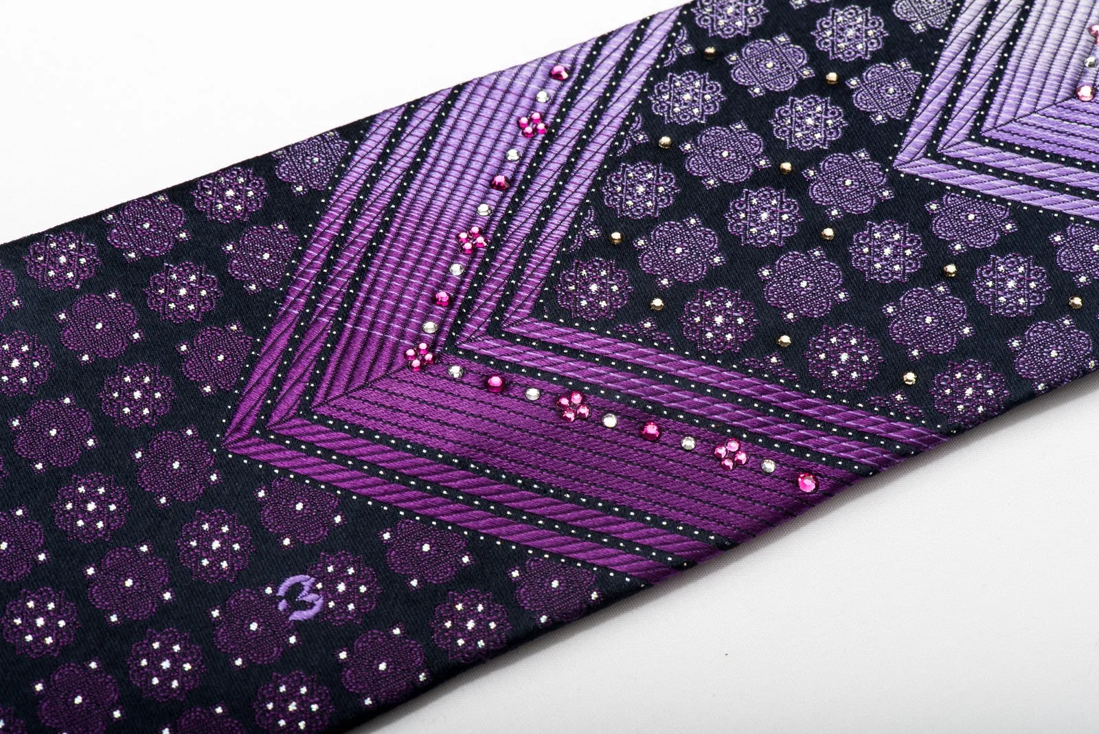 Mila Schon Mens Silk Necktie Purple V Stripes On Navy Sparkling With Crystal Rhinestones