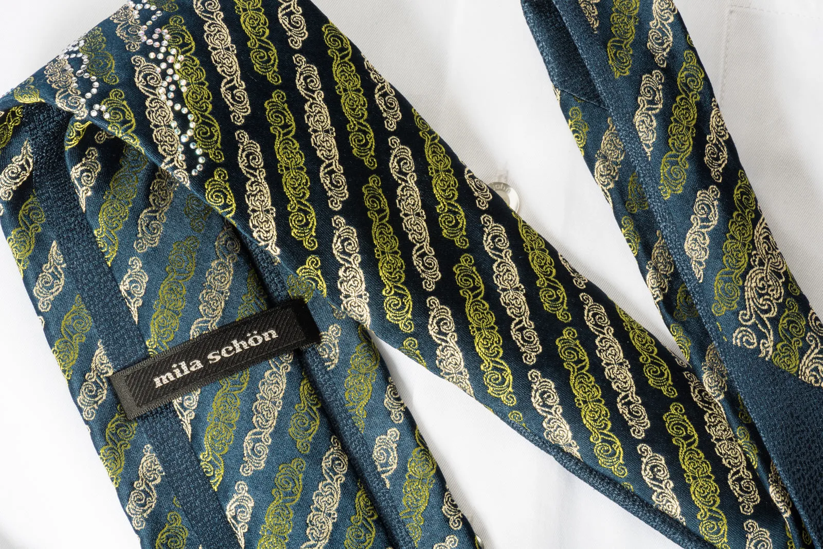 Mila Schon Mens Silk Rhinestone Necktie Green Gold Scrolls On Black With Silver Sparkles