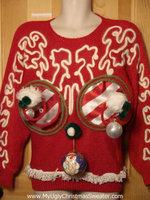 Naughty Tacky 3D Ugly Christmas Sweater Springy Funny 80s Padded Shoulders Bat-Arms Fringe (r6)