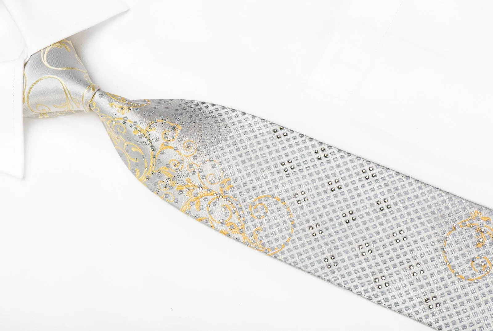 Nicole St Giles Men's Crystal Silk Tie Golden Scrolls On Silver White With Sparkles