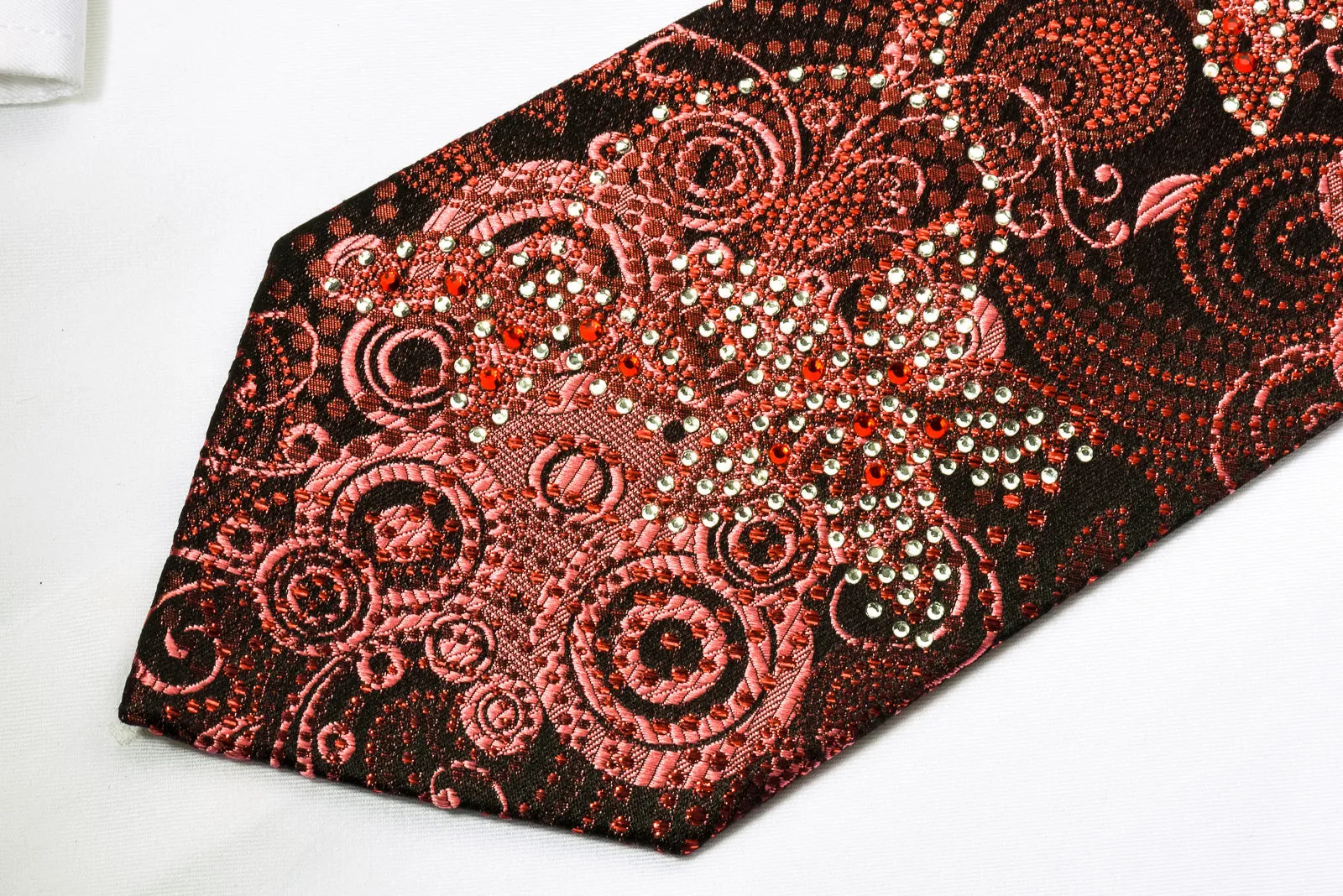 OVO Classic Silk Rhinestone Necktie Floral On Burgundy With red Sparkles