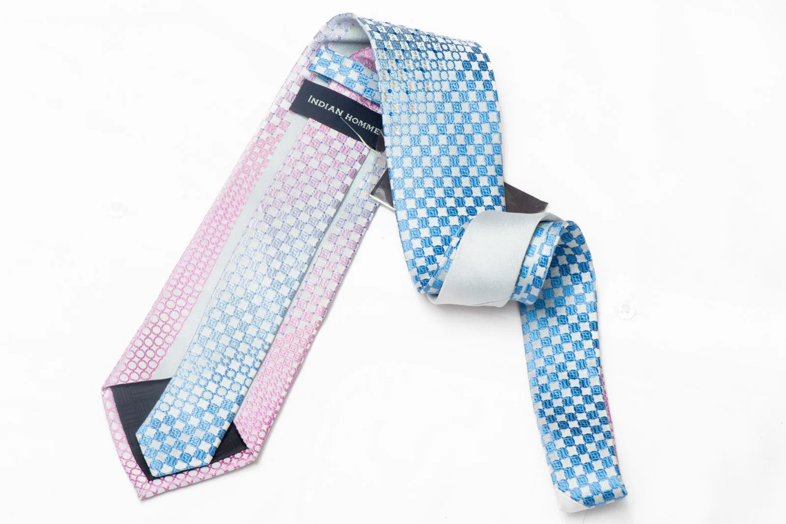 Pale Blue Pink Checkered Rhinestone Silk Necktie With Silver Sparkles