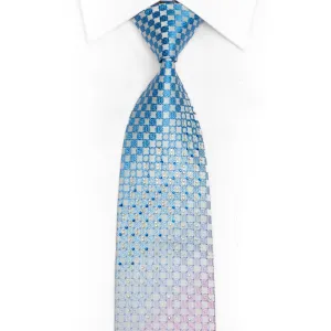 Pale Blue Pink Checkered Rhinestone Silk Necktie With Silver Sparkles