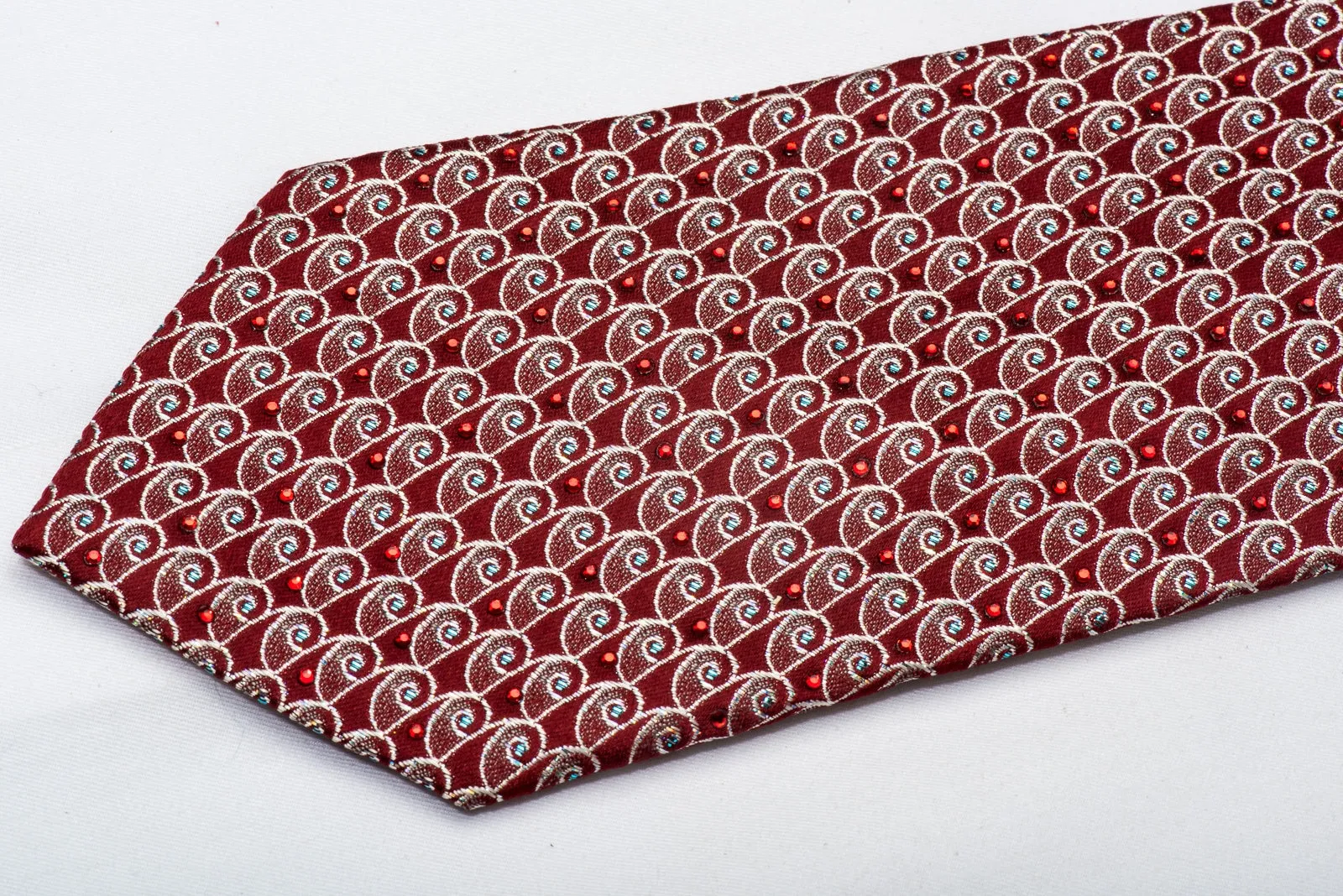 Park Land Men's Rhinestone Silk Necktie Silver Curls On Burgundy With Silver Sparkles