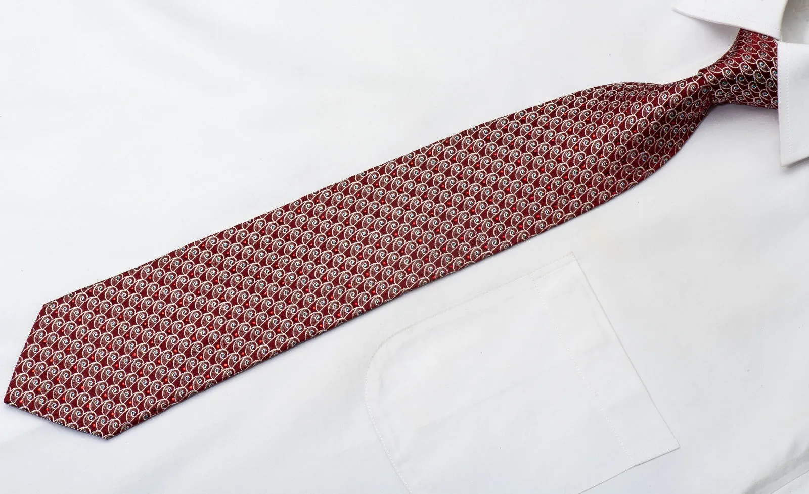 Park Land Men's Rhinestone Silk Necktie Silver Curls On Burgundy With Silver Sparkles