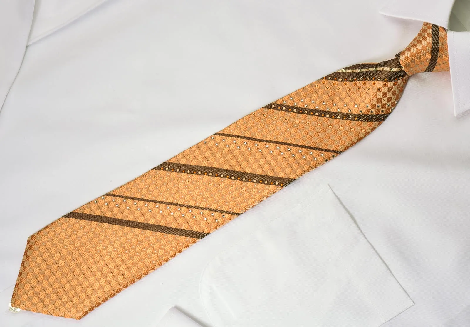 Pierre Cardin Men's Rhinestone Tie Striped On Peach With Silver Sparkles