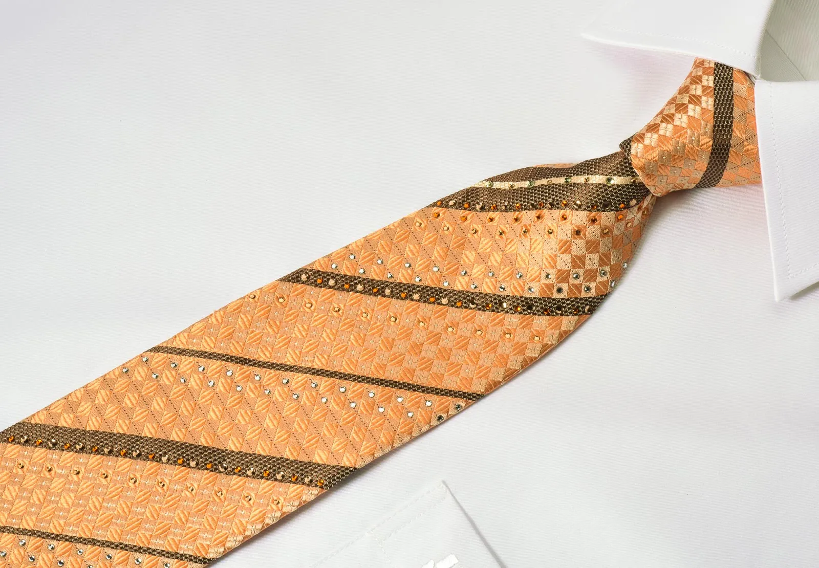 Pierre Cardin Men's Rhinestone Tie Striped On Peach With Silver Sparkles