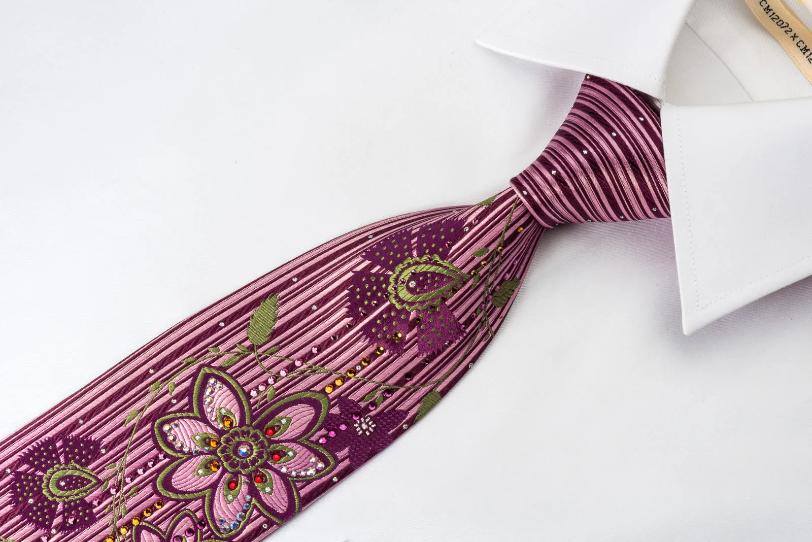 Pierre Cardin Rhinestone Tie Green Floral On Purple With Silver Sparkles