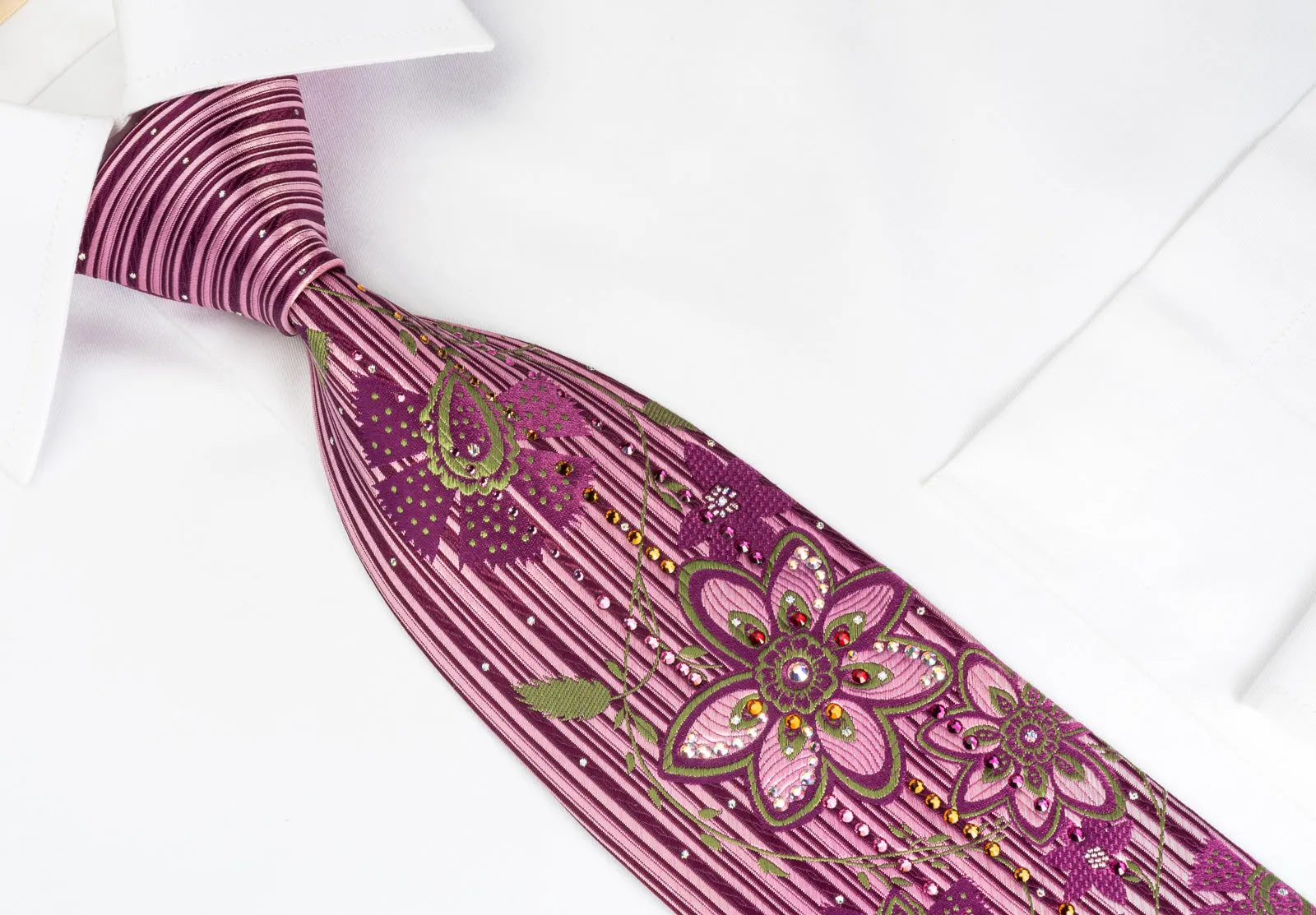 Pierre Cardin Rhinestone Tie Green Floral On Purple With Silver Sparkles