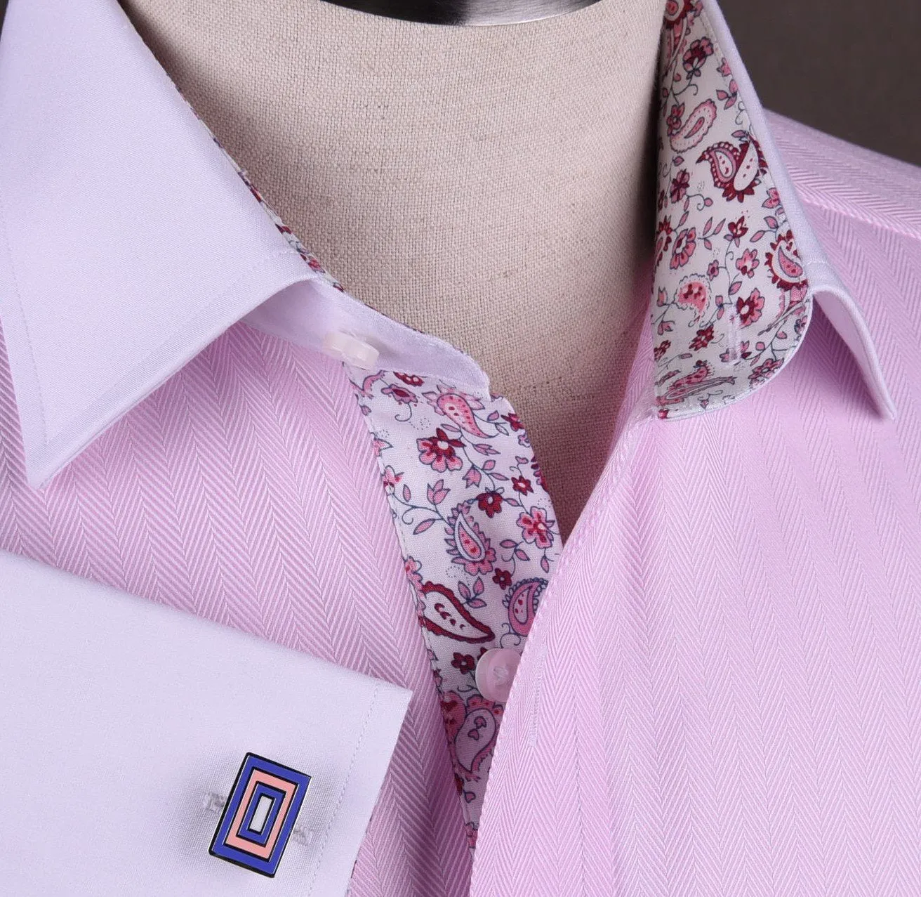 Pink Herringbone Formal Business Dress Shirt White Collar White Cuff Paisley Luxury Fashion