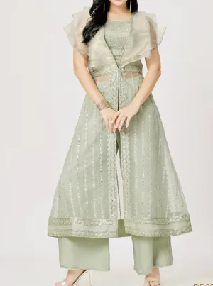 PISTA GREEN HUED THREE PIECE SHARARA SET WITH FULL LENGTH SHRUG