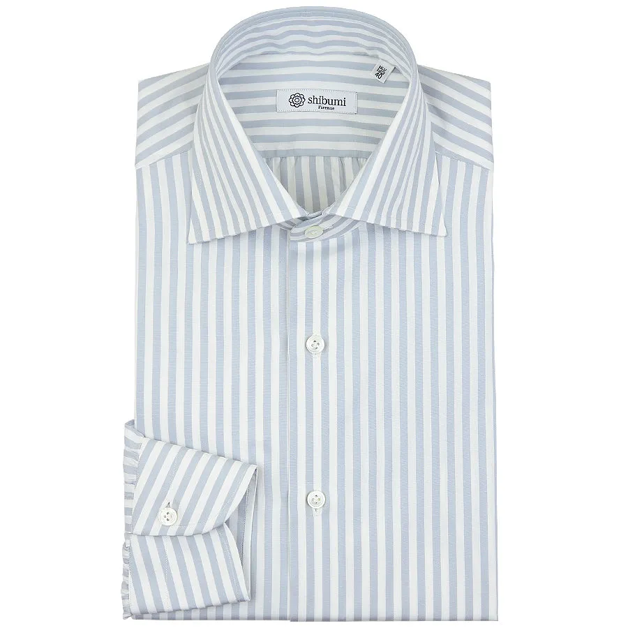 Poplin Semi Spread Shirt - White / Light Grey - Butcher Stripe - Regular Fit