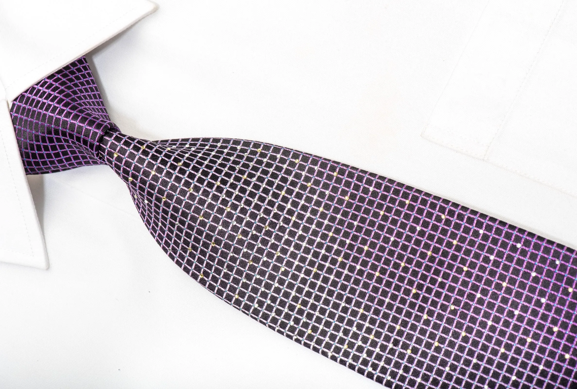 Premierlux Men's Silk Rhinestone Tie Lattice On Purple With Blue Sparkles