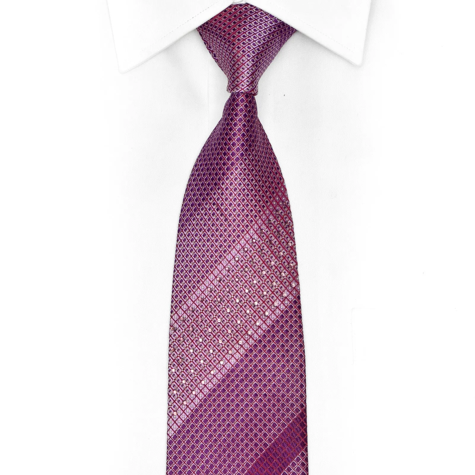 Purple Mauve Geometric On Burgundy Rhinestone Silk Tie With Sparkles