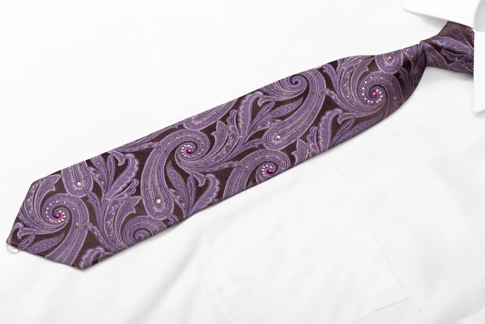 Purple Paisley On Brown Rhinestone Silk Necktie