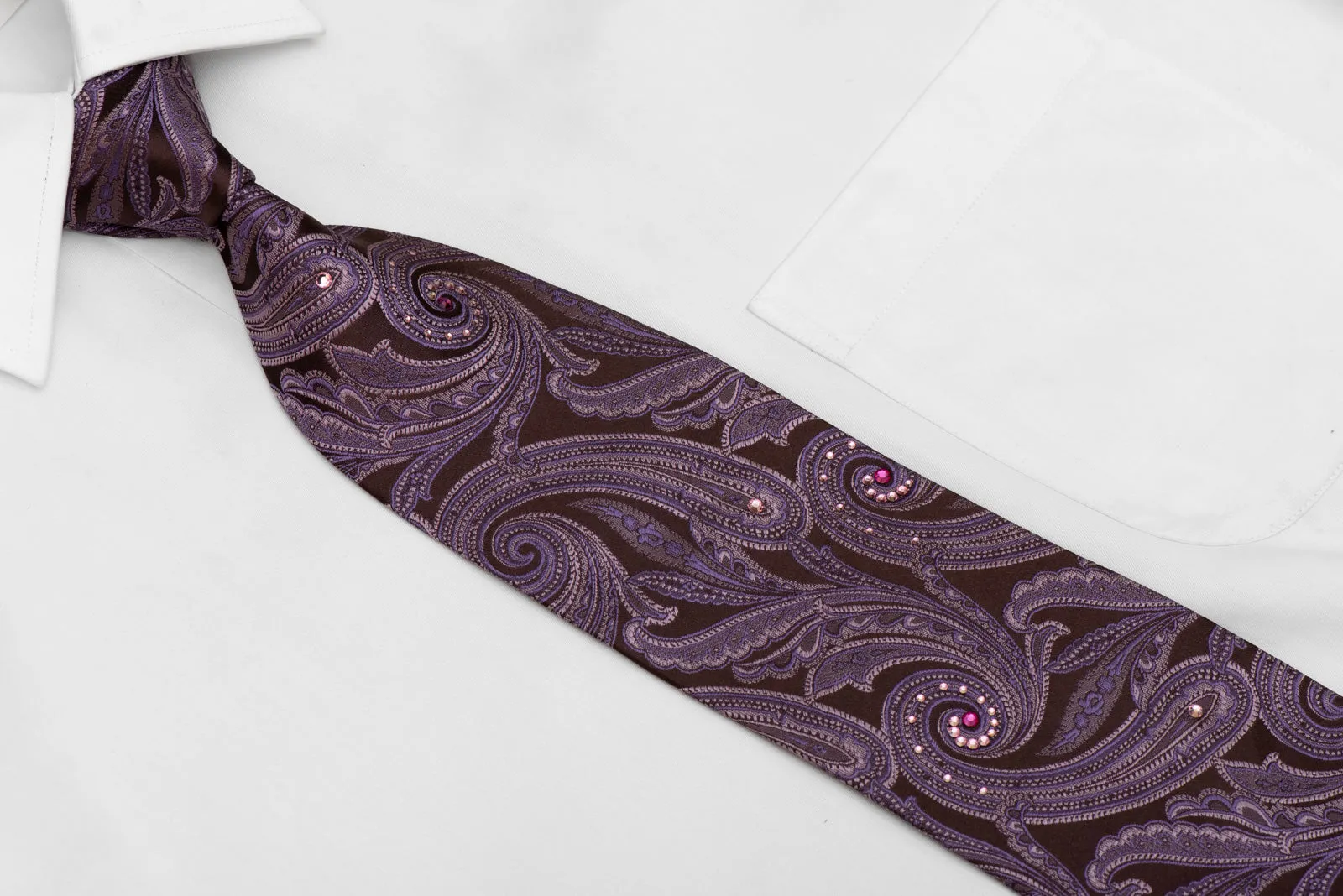 Purple Paisley On Brown Rhinestone Silk Necktie