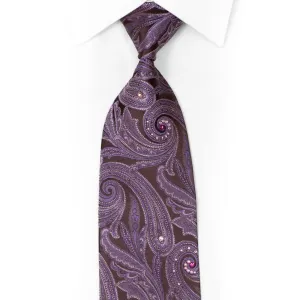 Purple Paisley On Brown Rhinestone Silk Necktie