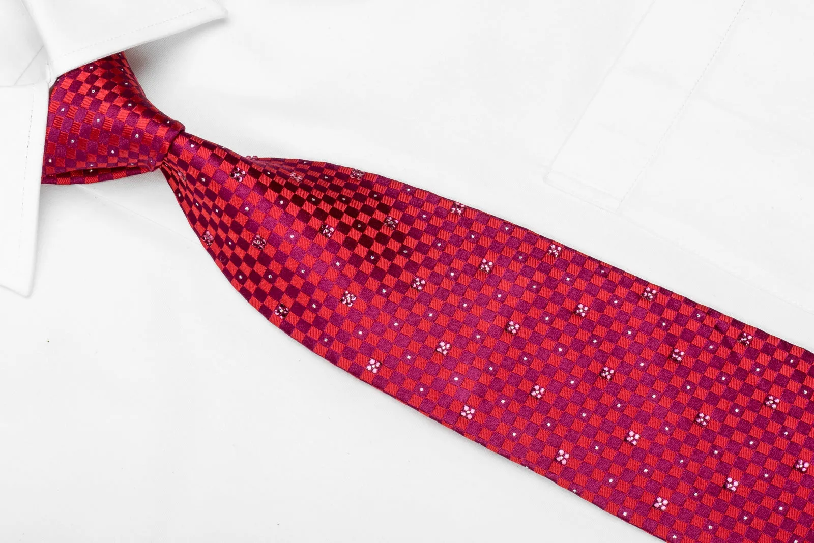 Red Purple Checkered Men's Silk Crystal Necktie With Silver Sparkles