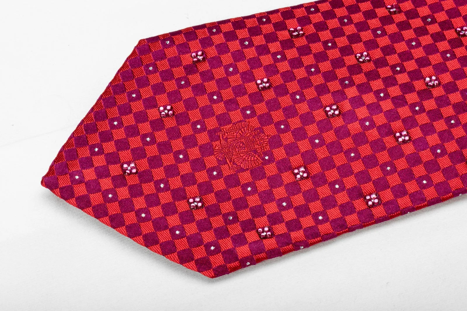 Red Purple Checkered Men's Silk Crystal Necktie With Silver Sparkles