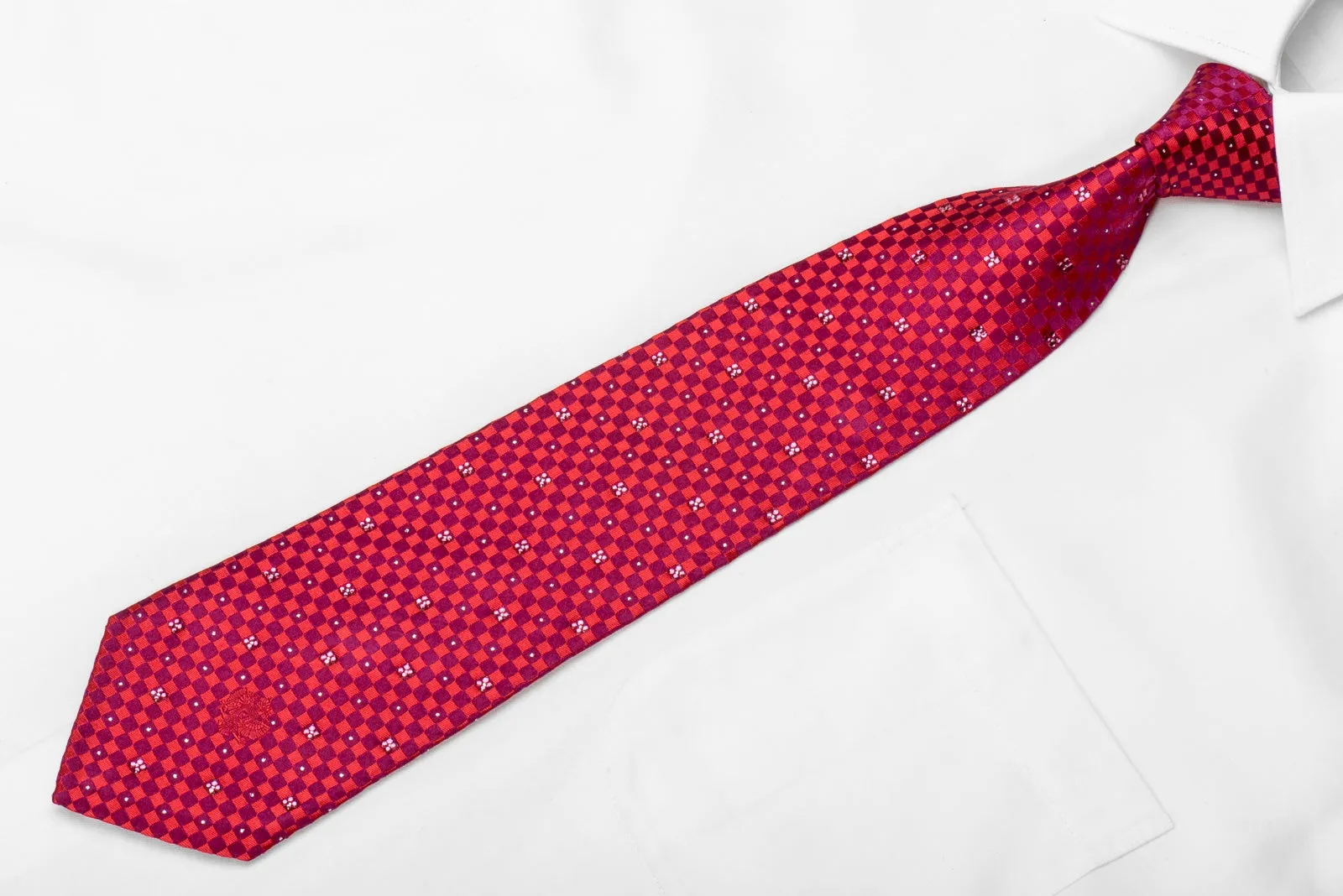 Red Purple Checkered Men's Silk Crystal Necktie With Silver Sparkles