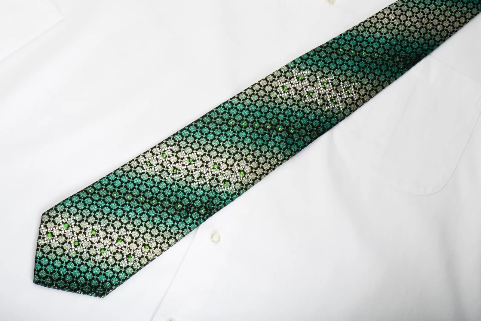 Remizio Rhinestone Silk Necktie Green Quatrefoil On Black With Green Sparkles