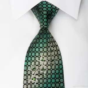 Remizio Rhinestone Silk Necktie Green Quatrefoil On Black With Green Sparkles