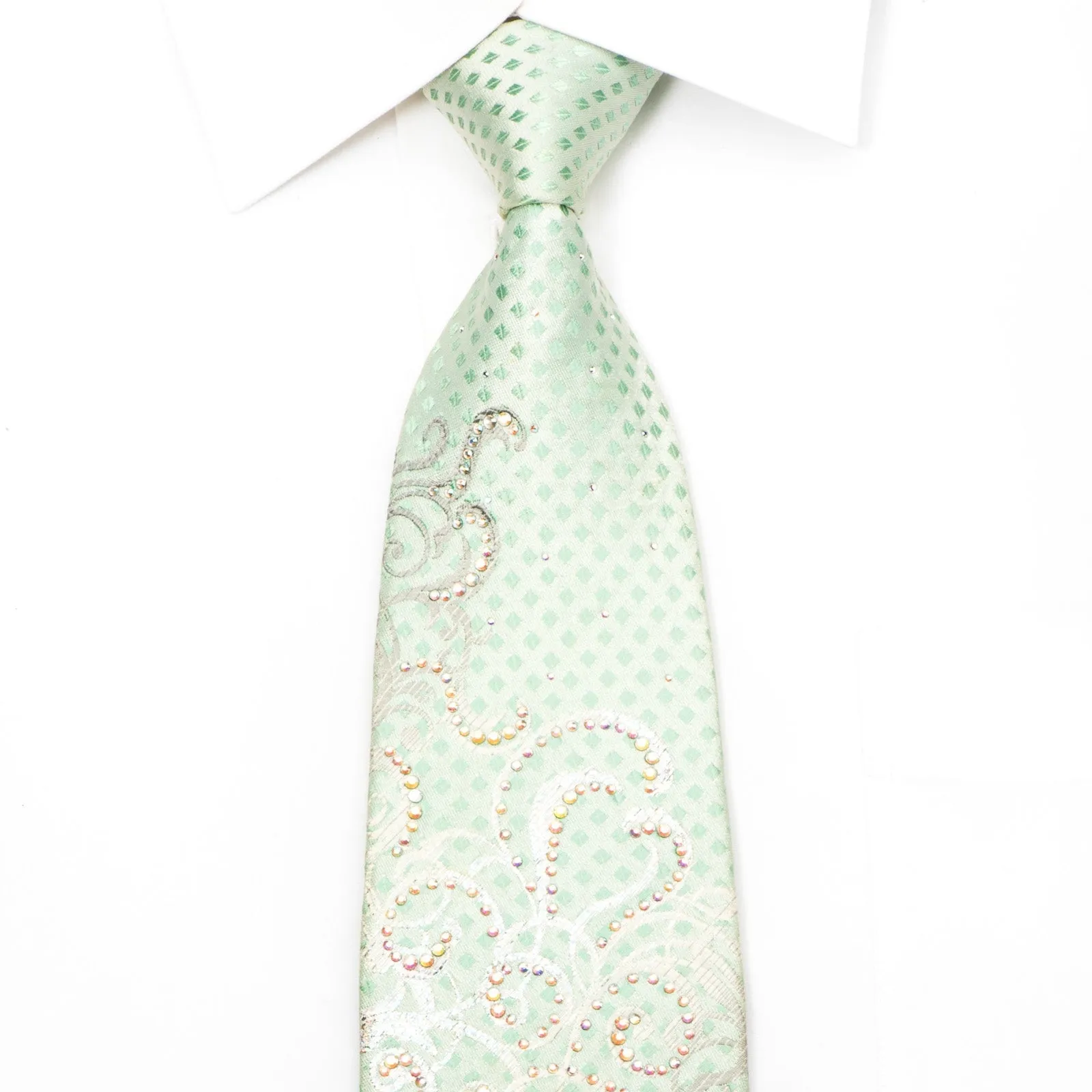 Renoma Men's Crystal Silk Tie Scrolls On Green Sparkling With Rhinestones