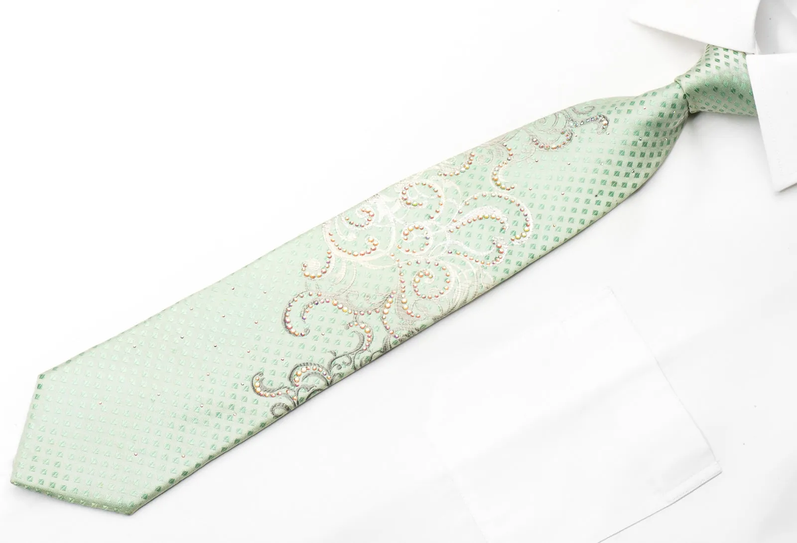 Renoma Men's Crystal Silk Tie Scrolls On Green Sparkling With Rhinestones