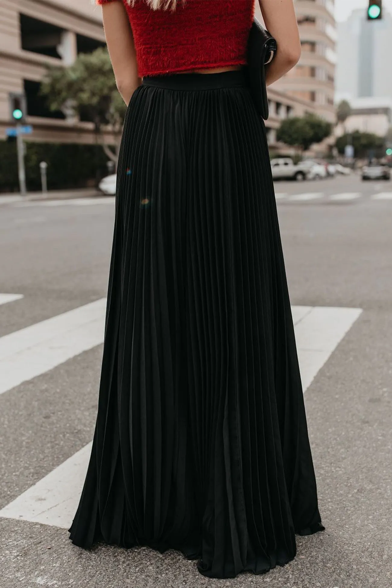 Solid Color High Waist Pleated Maxi Skirt