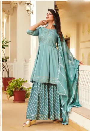 Stunning Teal Blue Colored Designer Sharara Suits With Embroidery Sequins Work And Dupatta