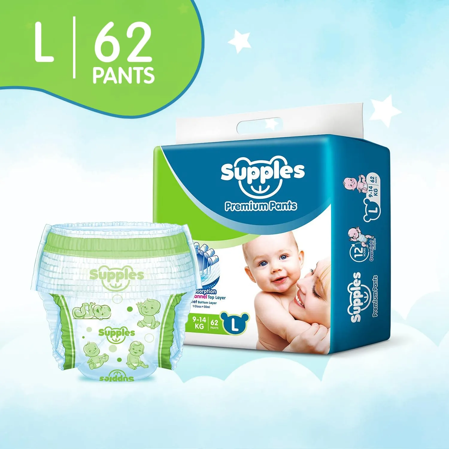 Supples Premium Diapers, Large (L), 62 Count, 9-14 Kg, 12 hrs Absorption Baby Diaper Pants