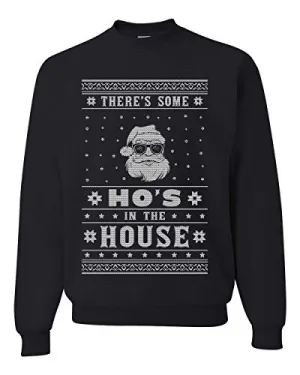 Theres Some Hos in the House Santa Ugly Christmas Sweater Unisex Crewneck Graphic Sweatshirt, Black, X-Large